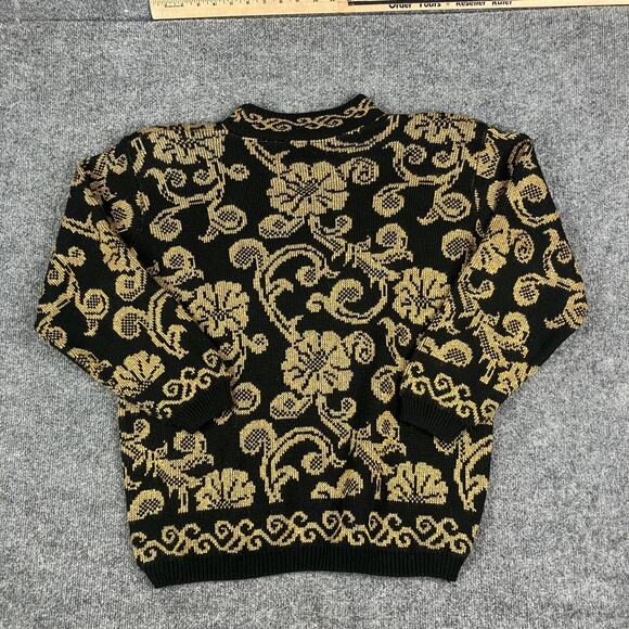 Alfred Dunner Sweater Womens Petite L Black Gold Floral Baroque Knit Vintage - Picture 6 of 7